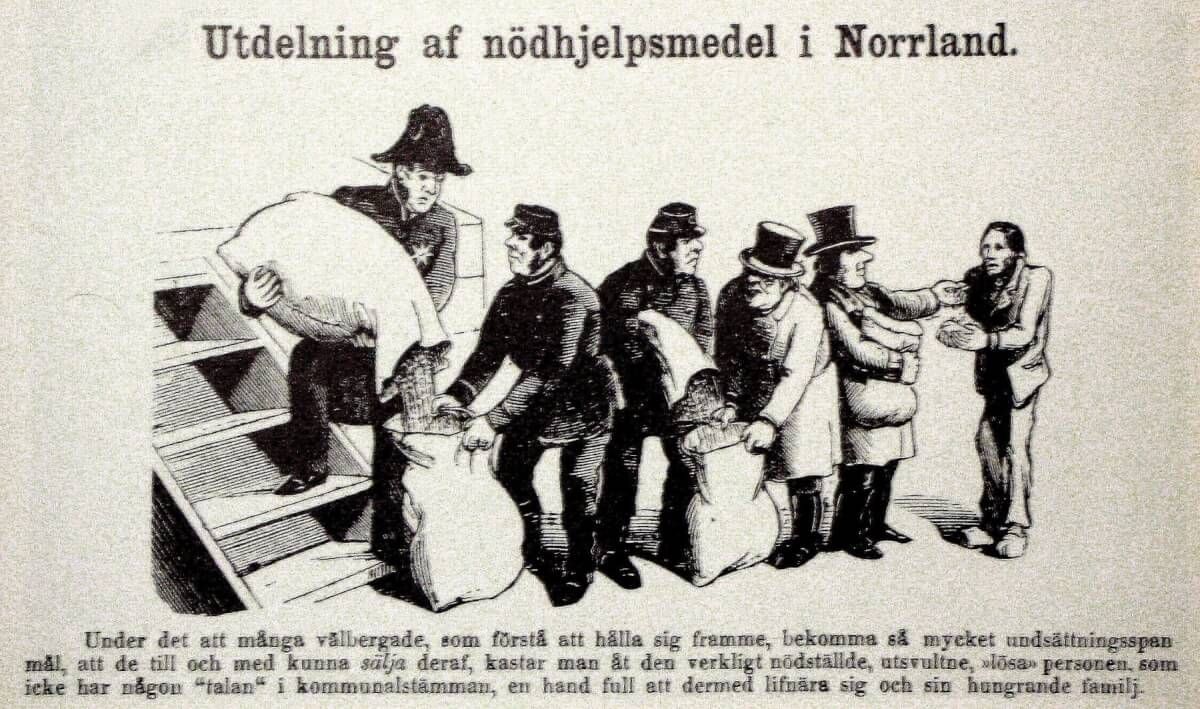 En karikatyr föreställande människor från olika samhällsskikt som får spannmål utdelat till sig, från den fattigaste som får minst till den rikaste som får mest.