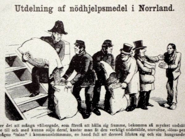 En karikatyr föreställande människor från olika samhällsskikt som får spannmål utdelat till sig, från den fattigaste som får minst till den rikaste som får mest.
