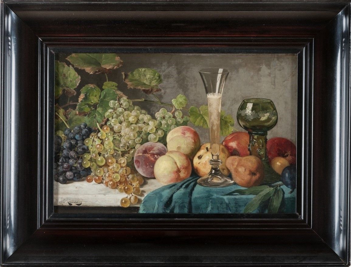Stilleben med frukt och vinglas
