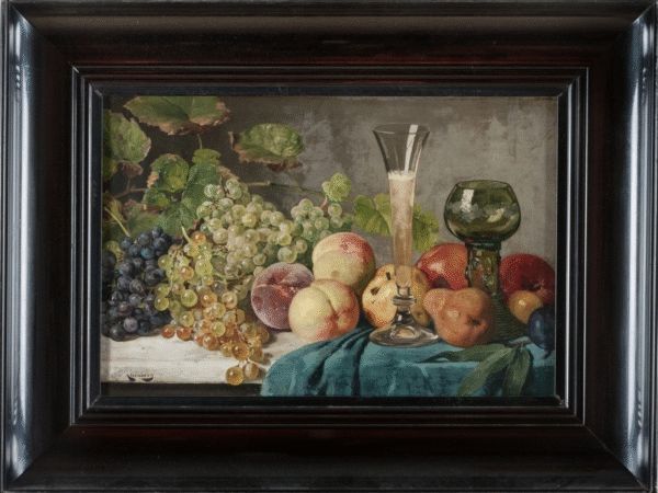 Stilleben med frukt och vinglas