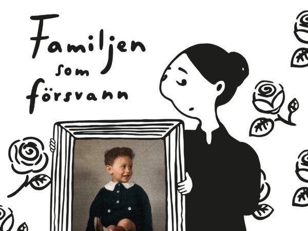 Kvinna som håller upp ram med foto av ett barn. I bakgrunden texten Familjen som försvann.