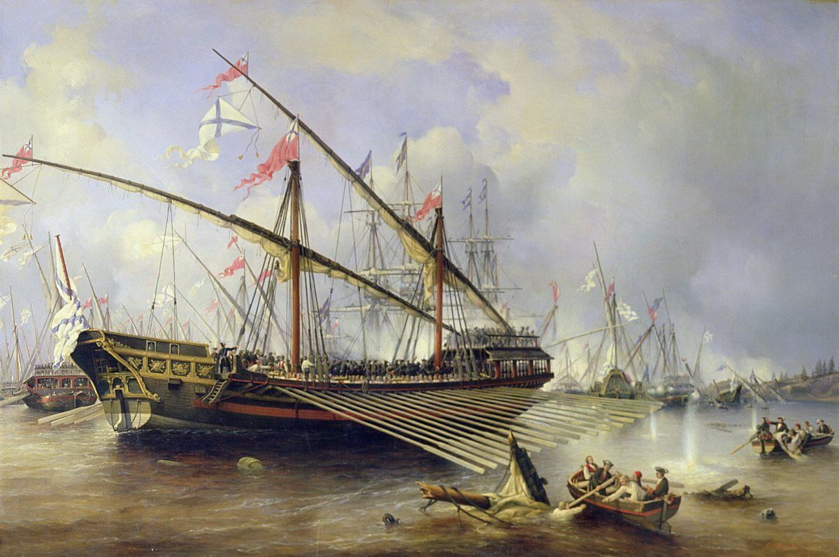 Rysk galär i arbete i slaget vid Föglöfjärden 1720, målning av Victor Perrot ca 1830.