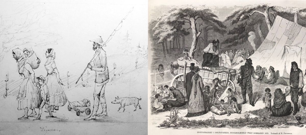 Teckningar på resande och romer från 1800-talet.