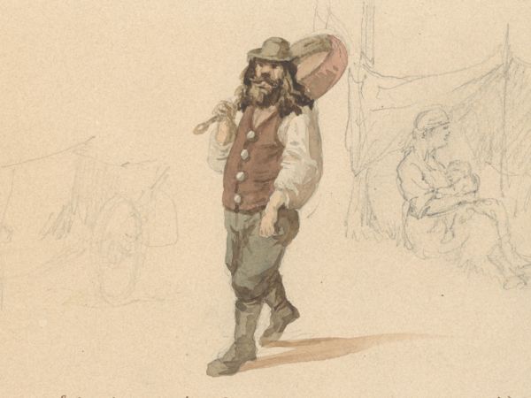 Teckning av man med hatt och silverknappar hållandes kopparpanna.