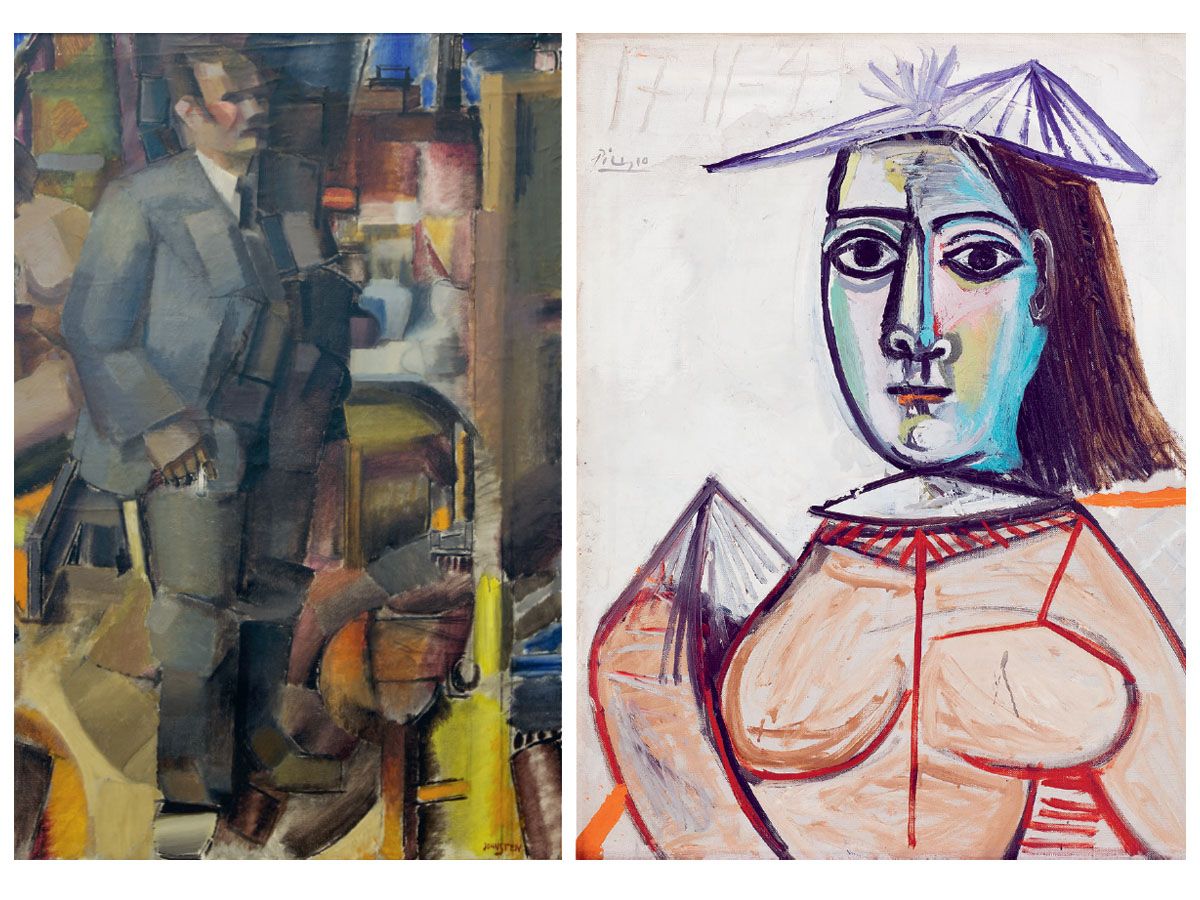 Till vänster ett självporträtt av John Sten, till höger ett porträtt utfört av Pablo Picasso föreställande Dora Maar.