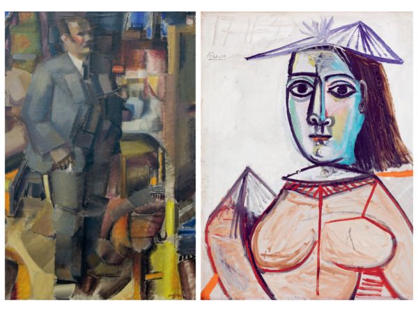 Till vänster ett självporträtt av John Sten, till höger ett porträtt utfört av Pablo Picasso föreställande Dora Maar.