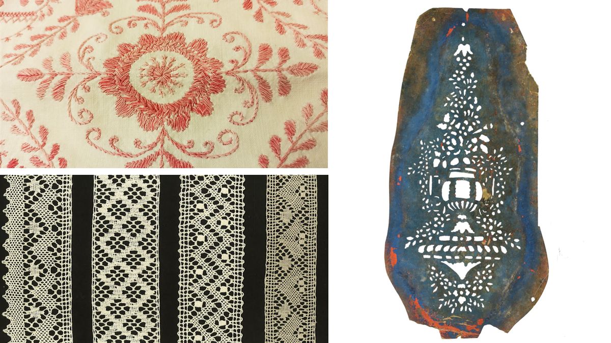 Fotografi på broderad delsbosöm, delsboknyppling och en schablon