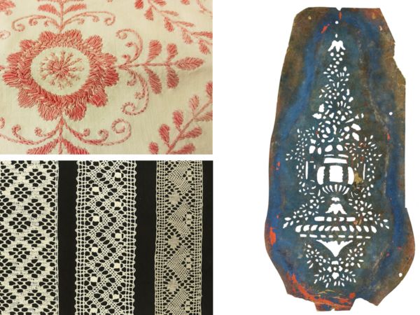 Fotografi på broderad delsbosöm, delsboknyppling och en schablon
