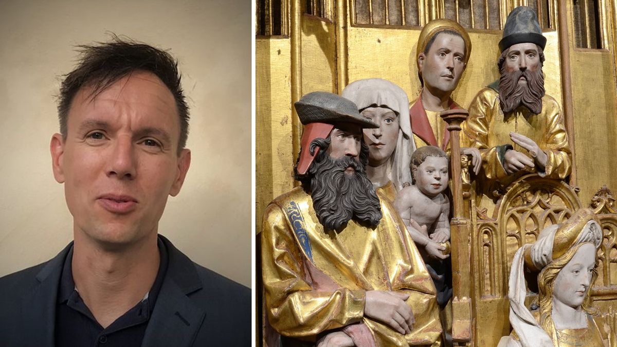 Till vänster: porträtt på föreläsaren Josef Elveskog. Till höger: förgyllda skulpturer på en altartavla