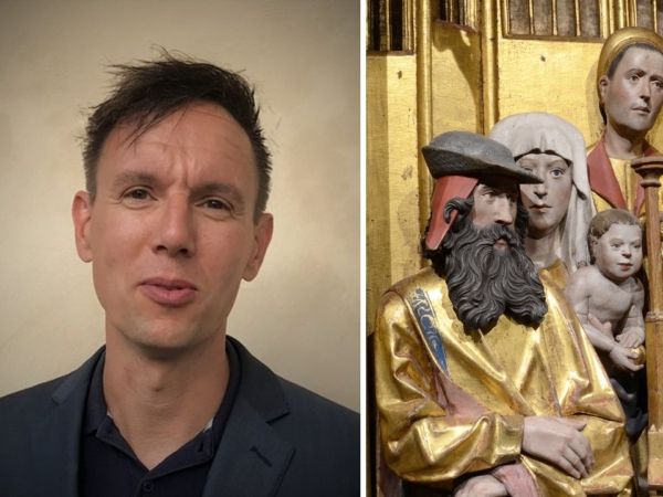 Till vänster: porträtt på föreläsaren Josef Elveskog. Till höger: förgyllda skulpturer på en altartavla
