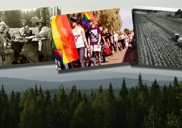 Fotomontage med tre bilder framför landskap. Från vänster: fikapaus, prideparad och åker med traktor.