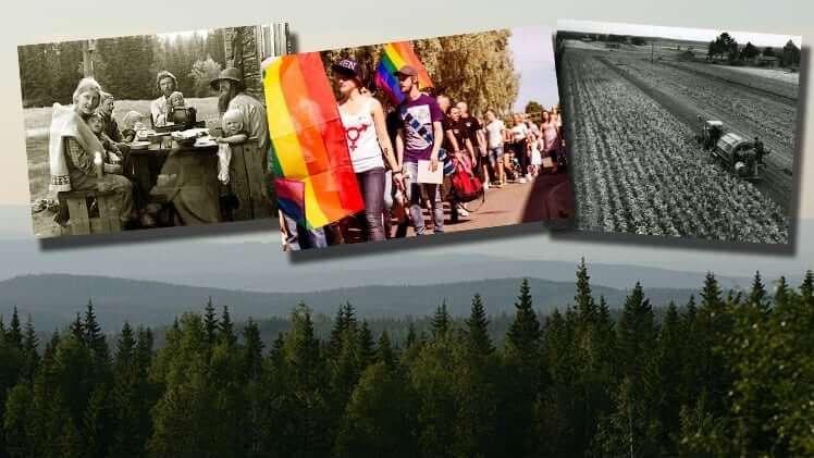 Fotomontage med tre bilder framför landskap. Från vänster: fikapaus, prideparad och åker med traktor.
