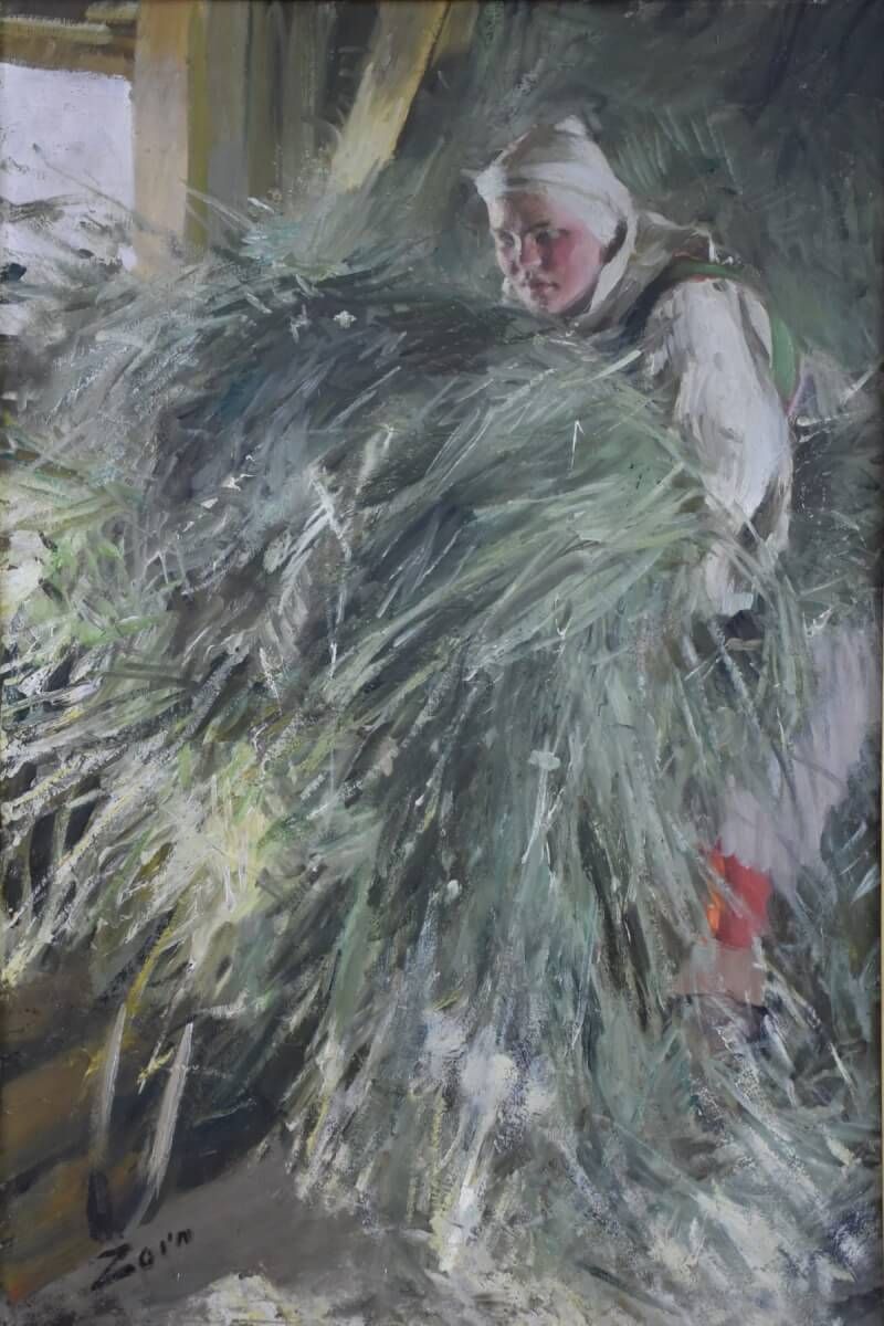 Oljemålning föreställande kvinna på höloft, målad av Anders Zorn.